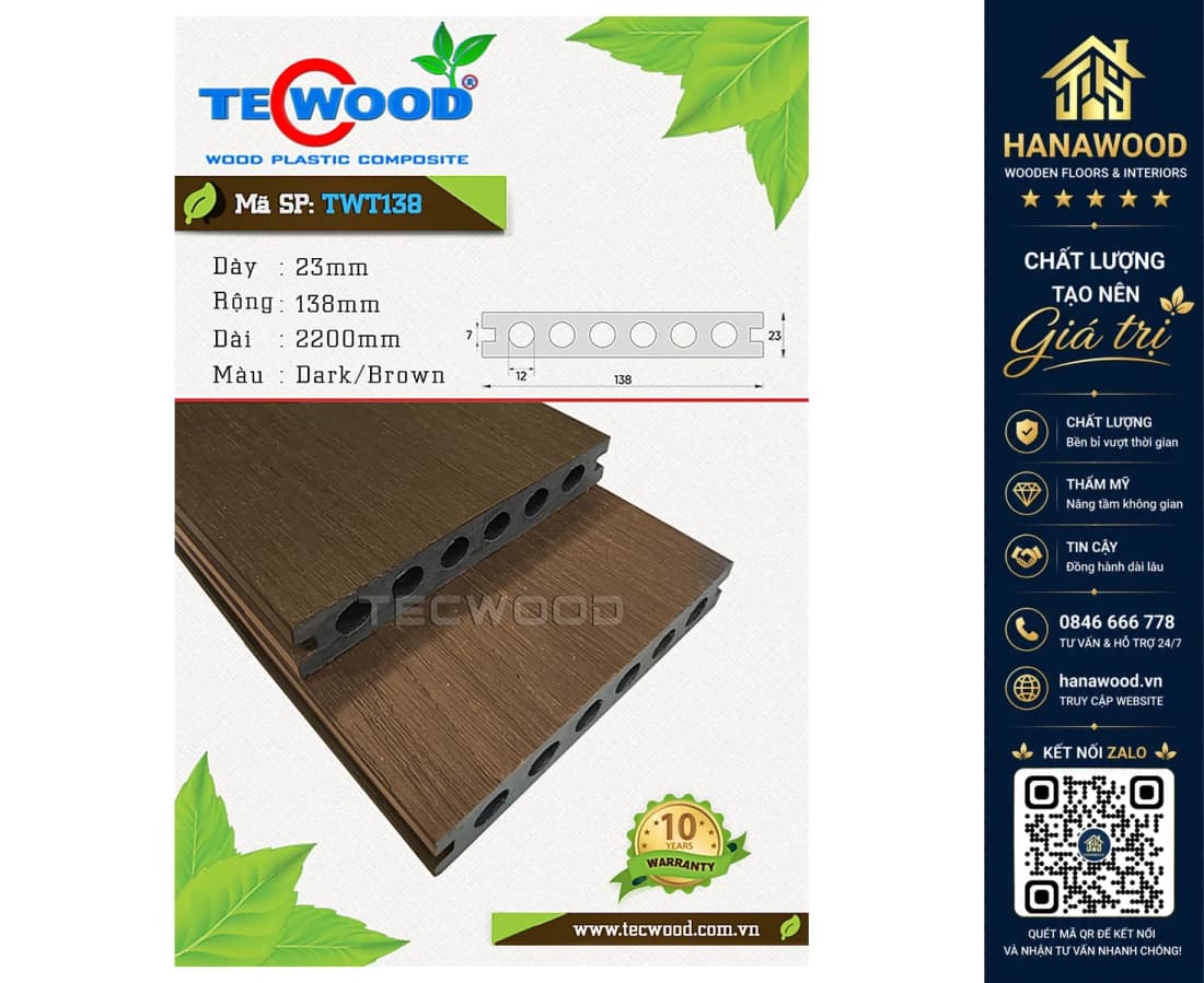 Sàn Gỗ Nhựa Ngoài Trời 6 Lỗ Tròn Tecwood TWT138 Dark
