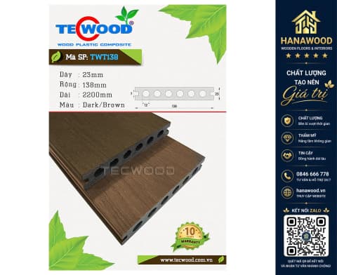 Sàn Gỗ Nhựa Ngoài Trời 6 Lỗ Tròn Tecwood TWT138 Dark