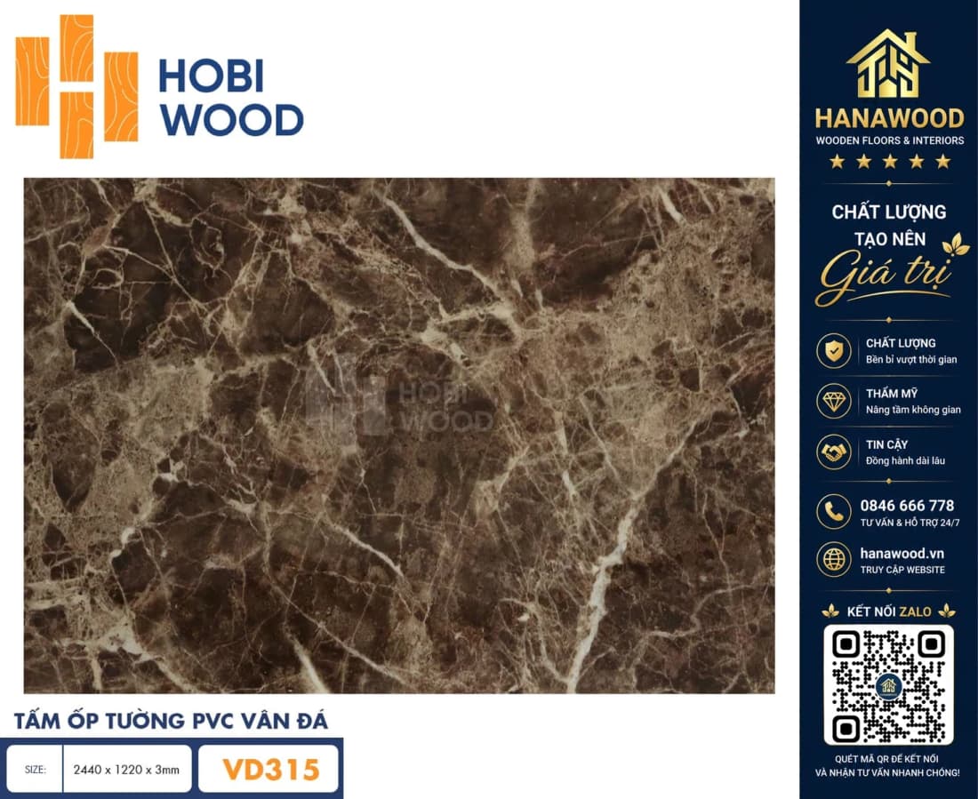 Tấm Nhựa Ốp Tường PVC Giả Đá Hobi Wood VD315 Dày 3.0mm