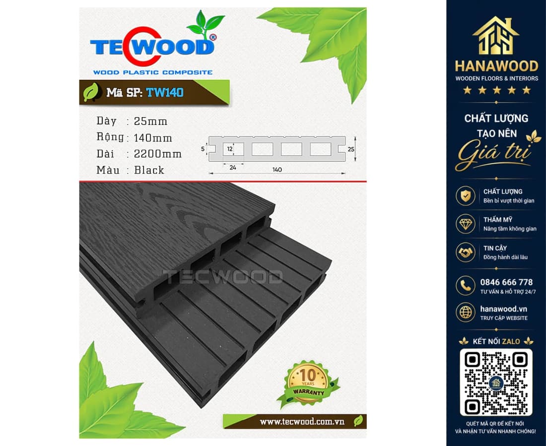 Sàn Gỗ Nhựa Ngoài Trời 4 Lỗ Vuông Tecwood TW140 Black