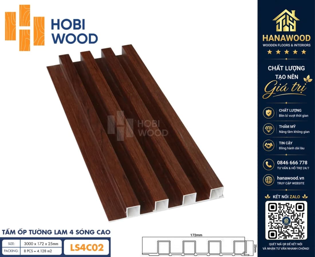 Tấm Nhựa Ốp Tường Lam Sóng Hobi Wood LS4C 02 - Lam 4 Sóng Cao