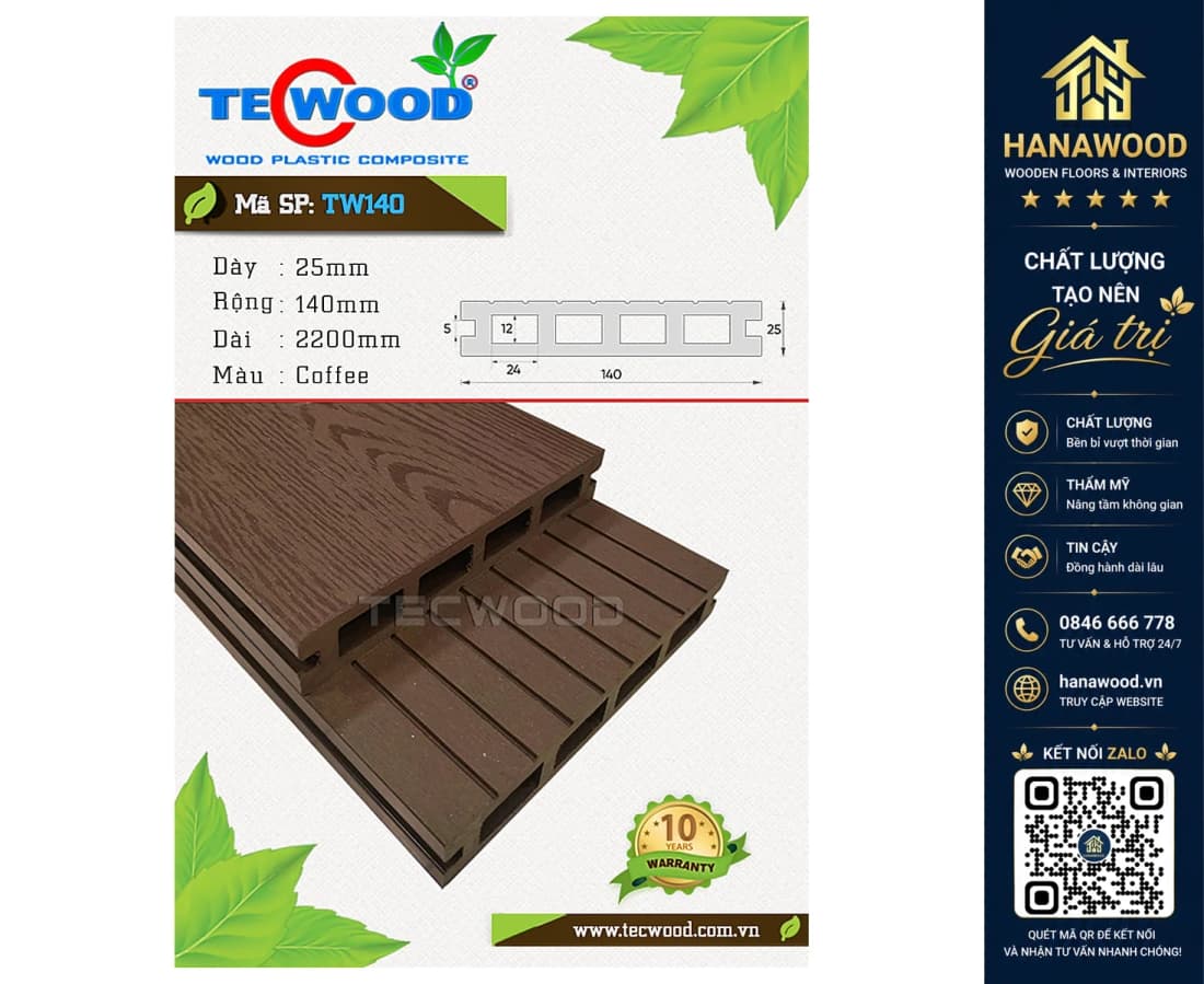 Sàn Gỗ Nhựa Ngoài Trời 4 Lỗ Vuông Tecwood TW140 Coffee