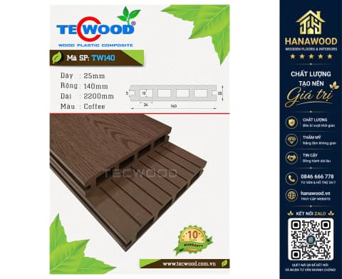 Sàn Gỗ Nhựa Ngoài Trời 4 Lỗ Vuông Tecwood TW140 Coffee