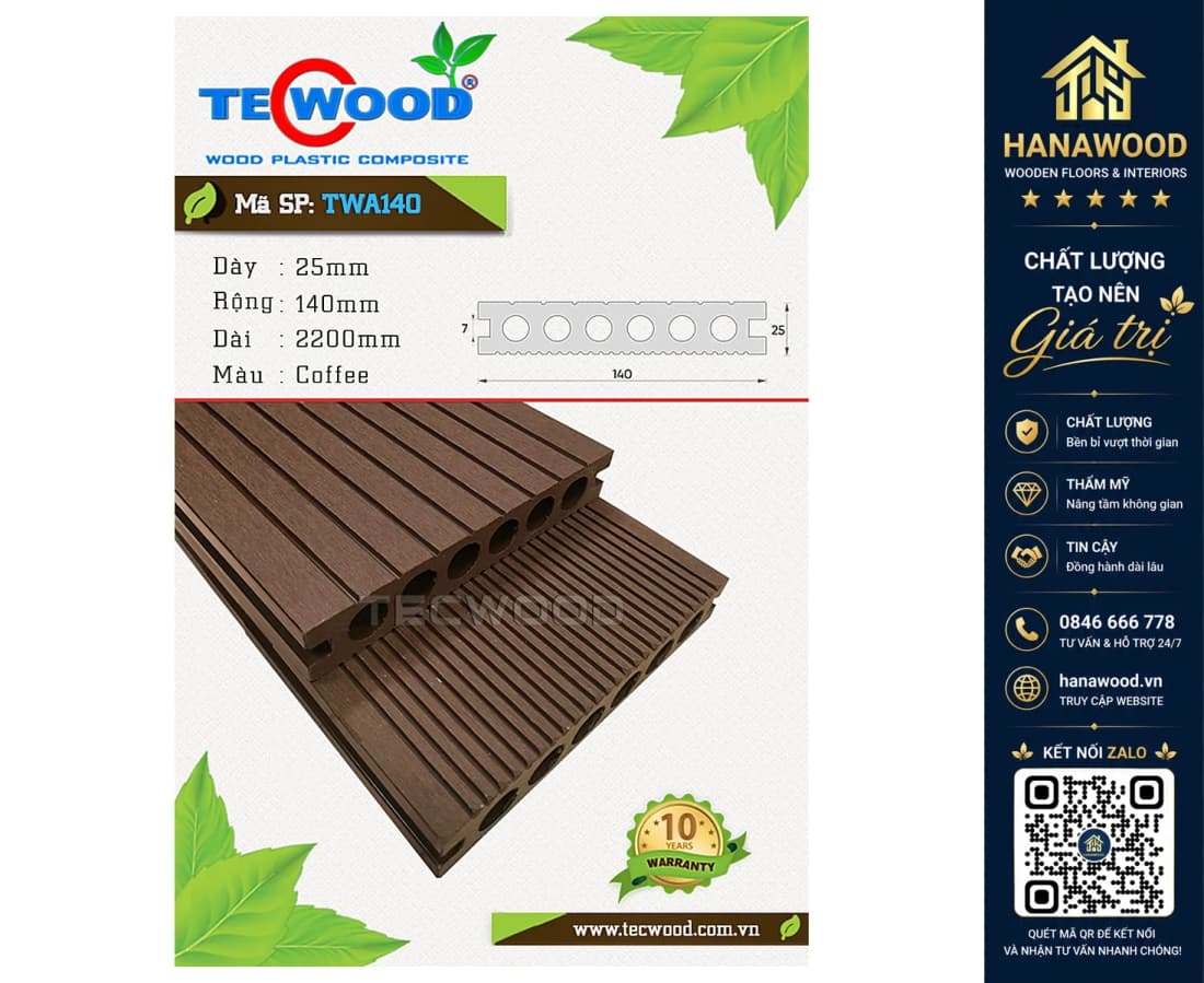 Sàn Gỗ Nhựa Ngoài Trời 6 Lỗ Tròn Tecwood TWA140 Coffee