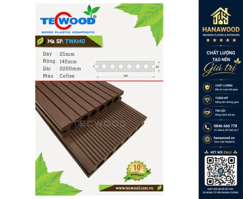 Sàn Gỗ Nhựa Ngoài Trời 6 Lỗ Tròn Tecwood TWA140 Coffee