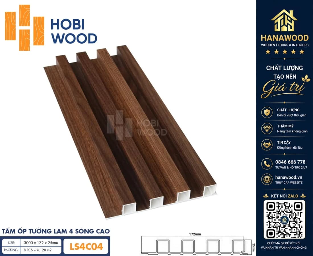 Tấm Nhựa Ốp Tường Lam Sóng Hobi Wood LS4C 04 - Lam 4 Sóng Cao
