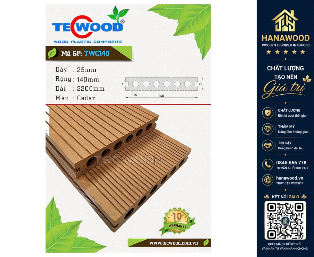 Sàn Gỗ Nhựa Ngoài Trời 6 Lỗ Tròn Tecwood TWC140 Cedar