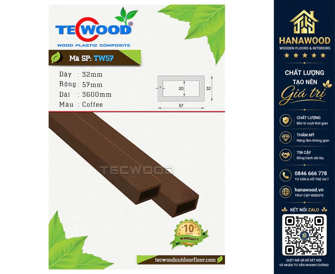Thanh Lam Gỗ Nhựa Trang Trí Ngoài Trời TecWood TW57 Coffee