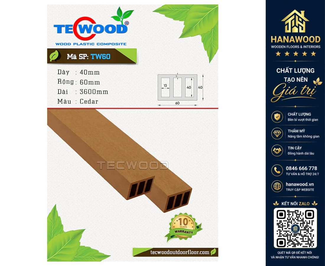 Thanh Lam Che Nắng Gỗ Nhựa Ngoài Trời TecWood TW60 Cedar
