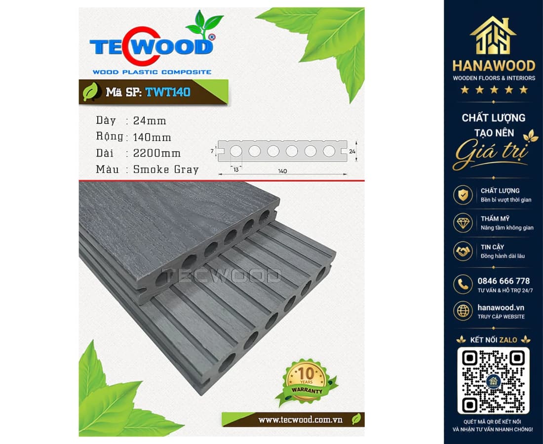 Sàn Hồ Bơi Ngoài Trời 6 Lỗ Tròn Tecwood TWT140 Smoke Gray