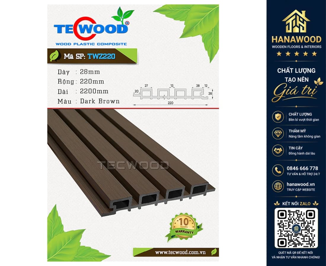 Lam Sóng Gỗ Nhựa Ngoài Trời Tecwood TWZ220 Dark Brown