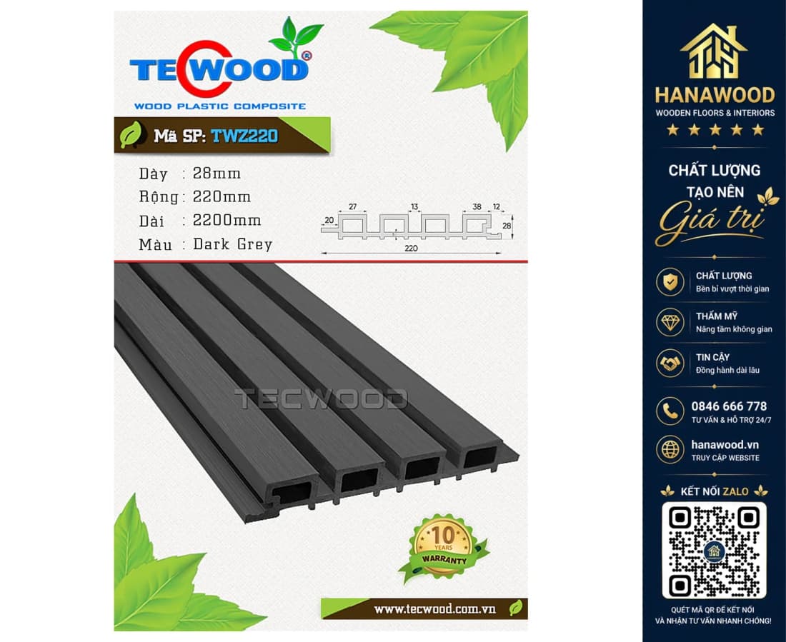 Lam Sóng Gỗ Nhựa Ngoài Trời Tecwood TWZ220 Dark Grey