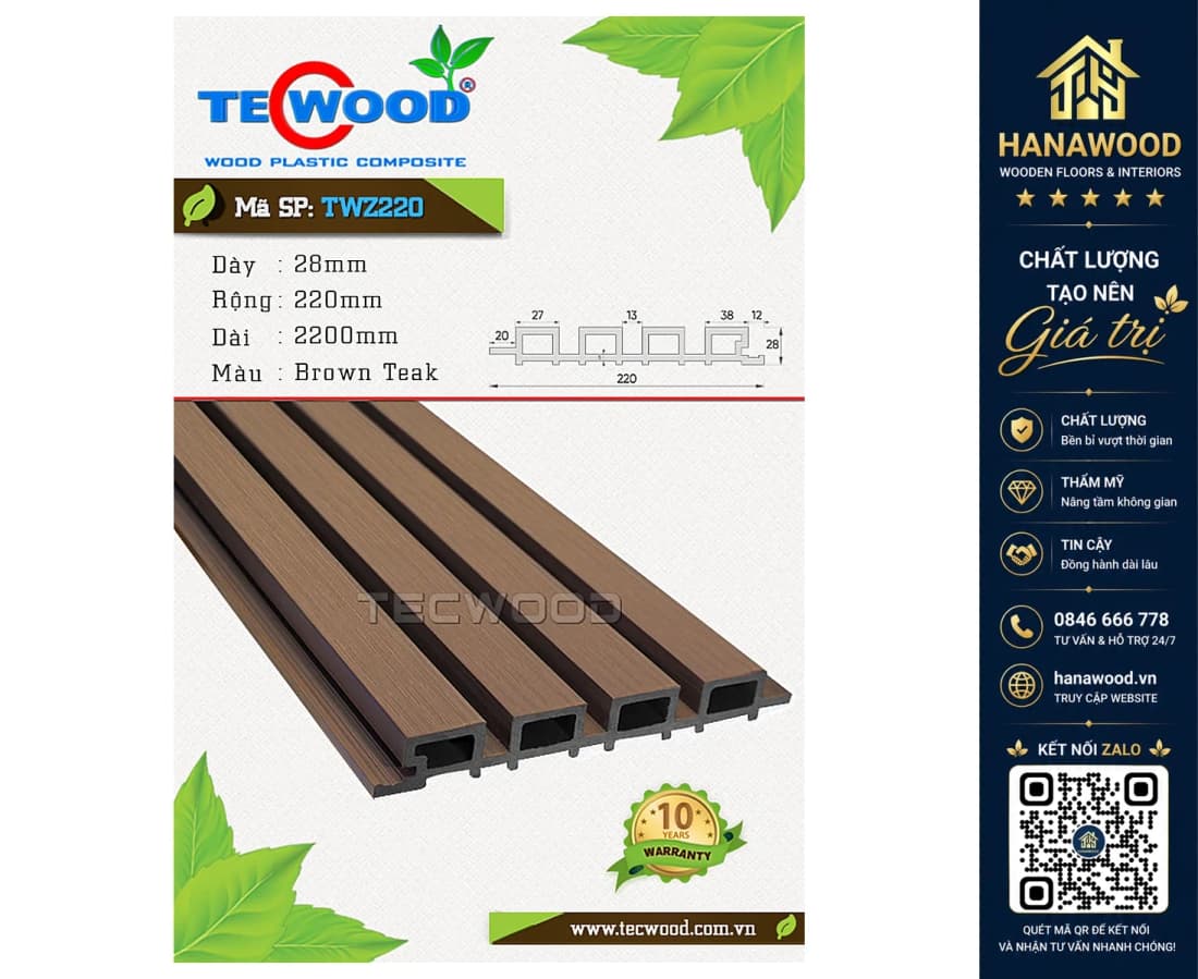 Lam Sóng Gỗ Nhựa Ngoài Trời Tecwood TWZ220 Brown Teak