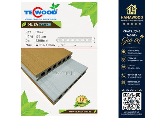 Sàn Gỗ Nhựa Ngoài Trời 6 Lỗ Tròn Tecwood TWT138 Yellow