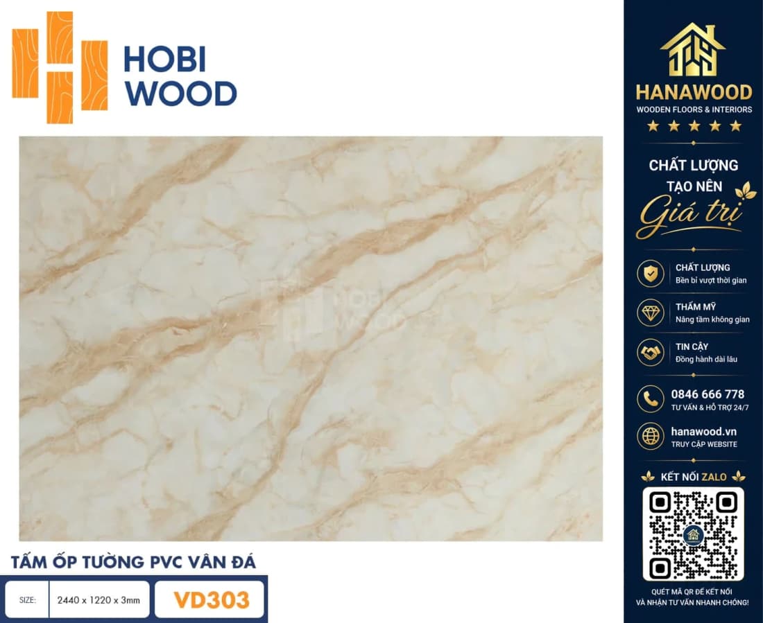 Ốp Tường PVC Giả Đá Hobi Wood VD303 Dày 3.0mm