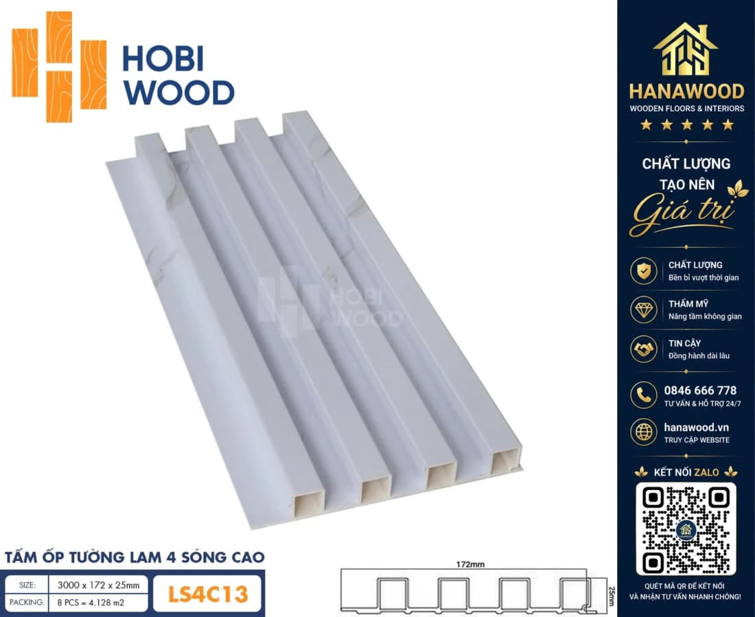 Tấm Nhựa Ốp Tường Lam Sóng Hobi Wood LS4C 13 - Lam 4 Sóng Cao