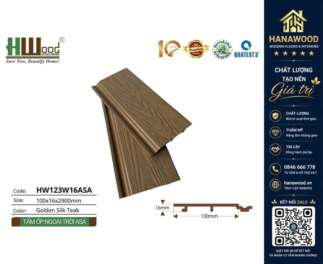Tấm Ốp Trần Gỗ Nhựa Phủ ASA Hwood HW123W16ASA Golden Silk Teak
