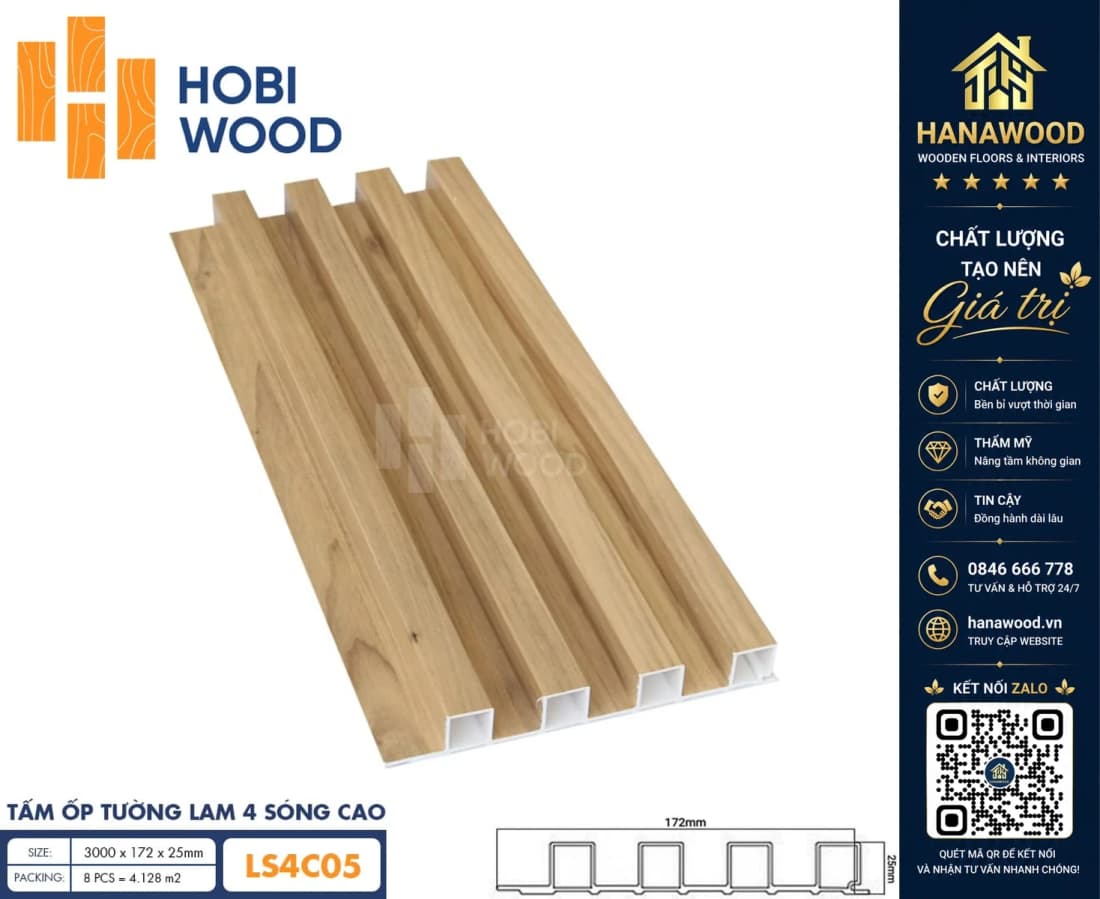 Tấm Nhựa Ốp Tường Lam Sóng Hobi Wood LS4C 05 - Lam 4 Sóng Cao