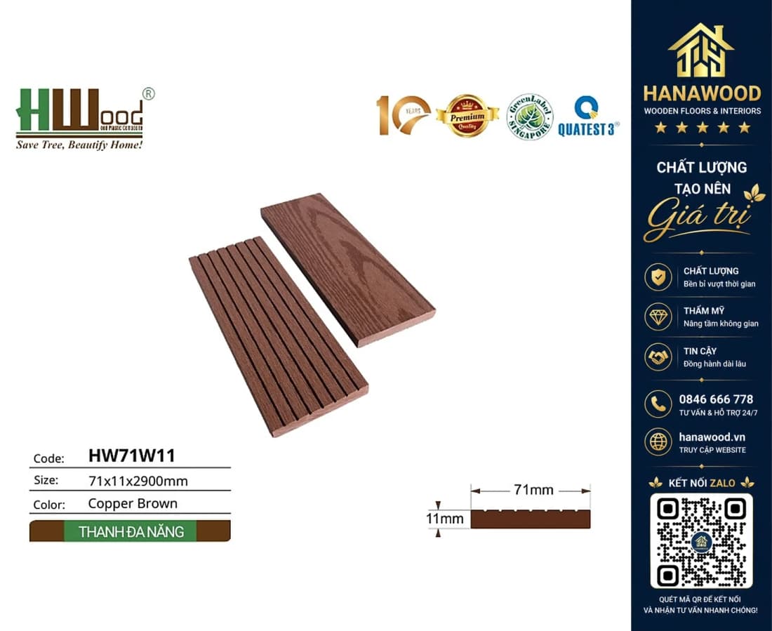 Thanh Lam Đa Năng Gỗ Nhựa Hwood HW71W11 Copper Brown