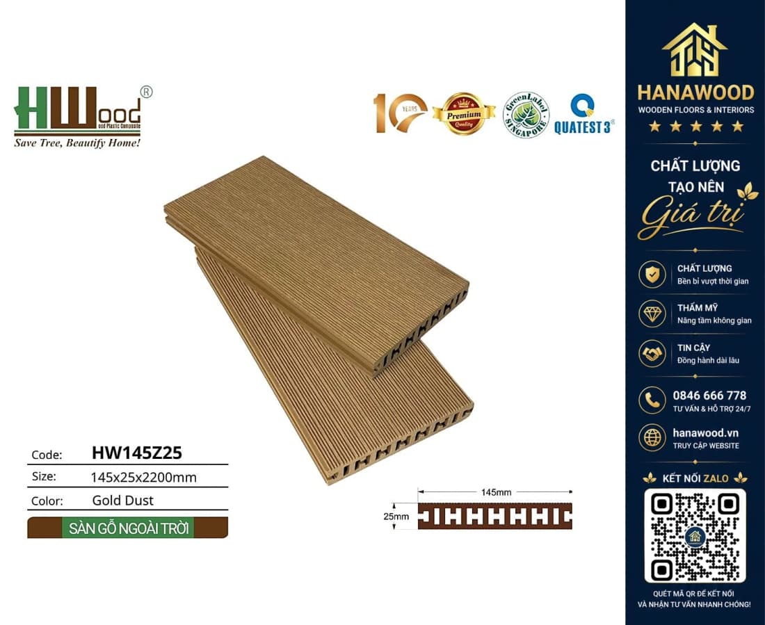 Sàn Ban Công Gỗ Nhựa Ngoài Trời Hwood HW145Z25 Gold Dust