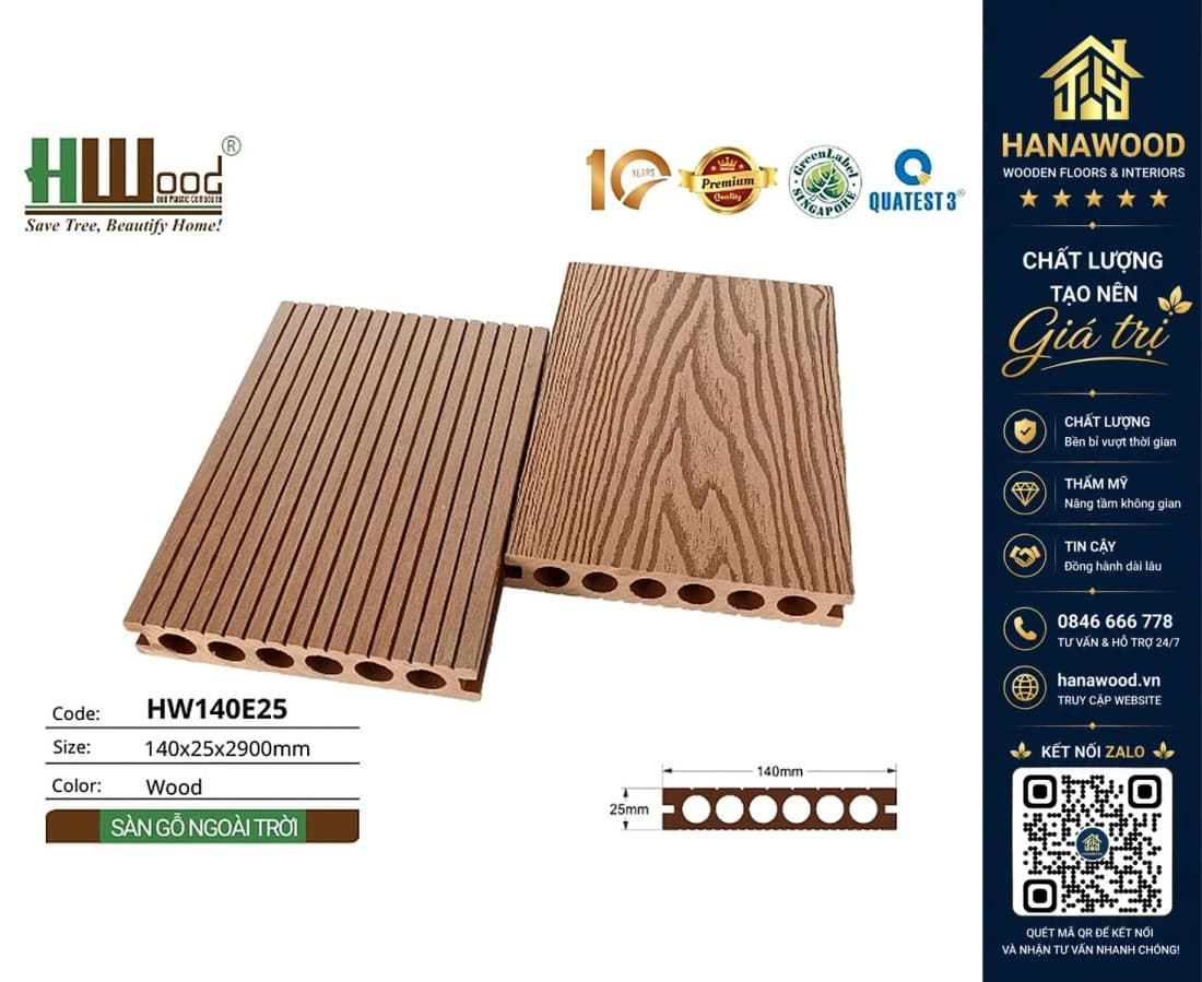 Hình ảnh Sàn Ban Công Ngoài Trời Lỗ Tròn Hwood HW140E25 Wood