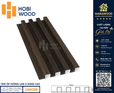 Tấm Nhựa Ốp Tường Lam Sóng Hobi Wood LS4C 08 - Lam 4 Sóng Cao