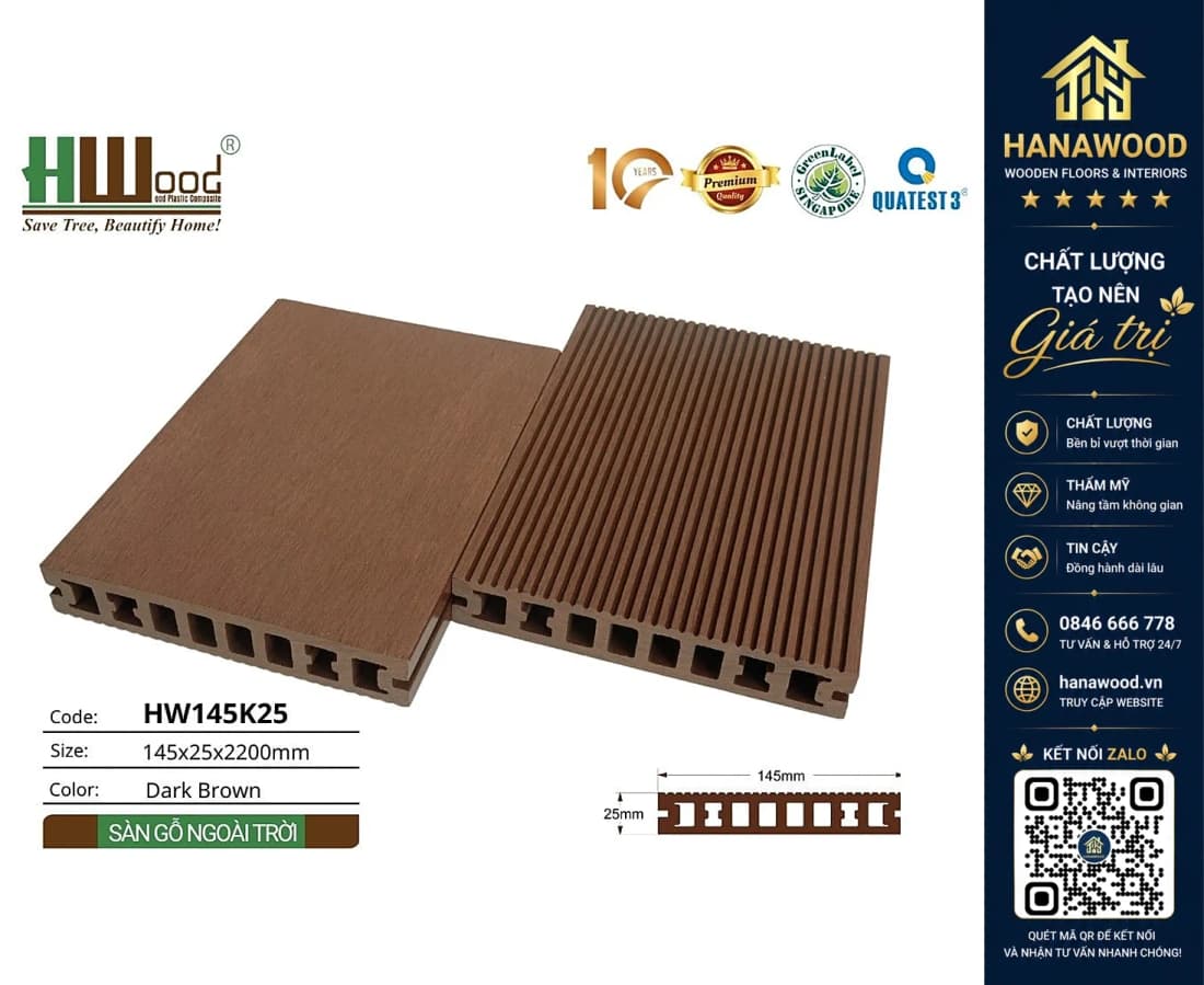 Sàn Sân Thương Gỗ Nhựa Ngoài Trời Hwood HW145K25 Dark Brown