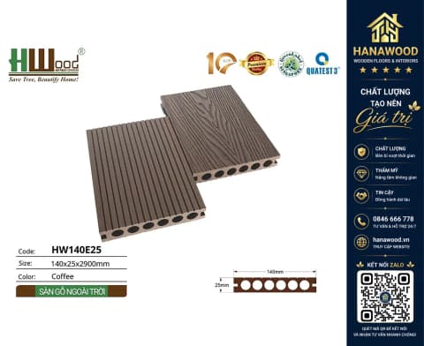 Hình ảnh Sàn Gỗ Nhựa Ngoài Trời Lỗ Tròn Hwood HW140E25 Coffee