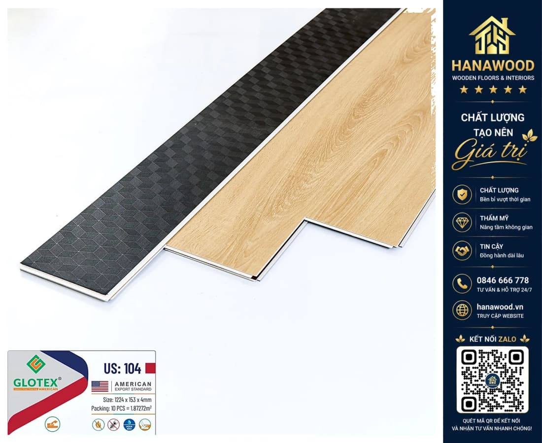 Sàn Nhựa Hèm Khóa Giả Gỗ Glotex US104 Đế Cao Su 4mm