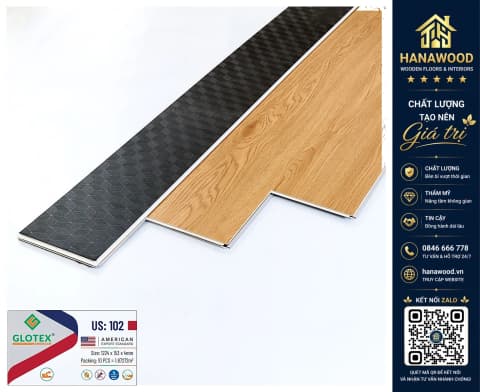 Sàn Nhựa Giả Gỗ Vinyl Hèm Khóa Glotex US102 Đế Cao Su 4mm