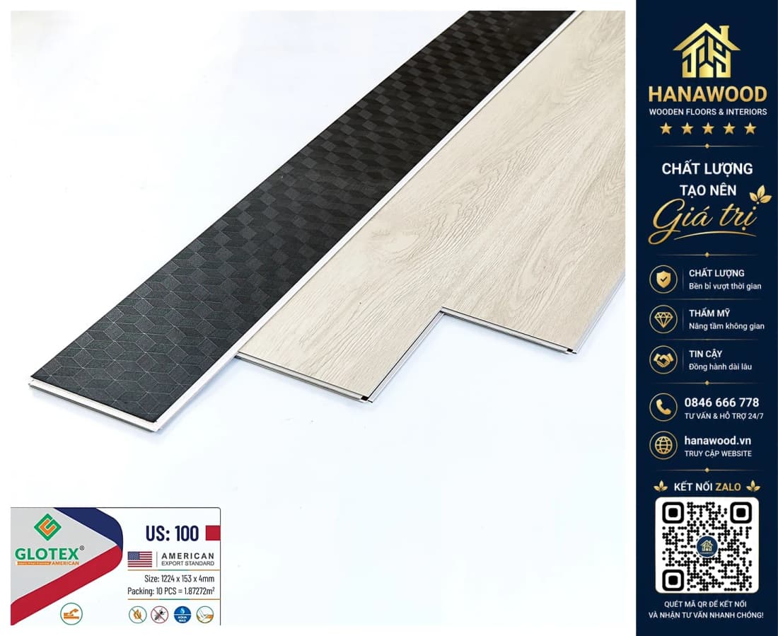 Sàn Nhựa Giả Gỗ Hèm Khóa Glotex US100 Đế Cao Su 4mm