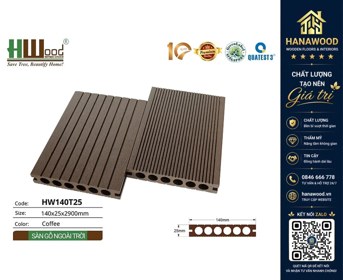Hình ảnh Sàn Sân Thượng Gỗ Nhựa Ngoài Trời Lỗ Tròn Hwood HW140T25 Coffee