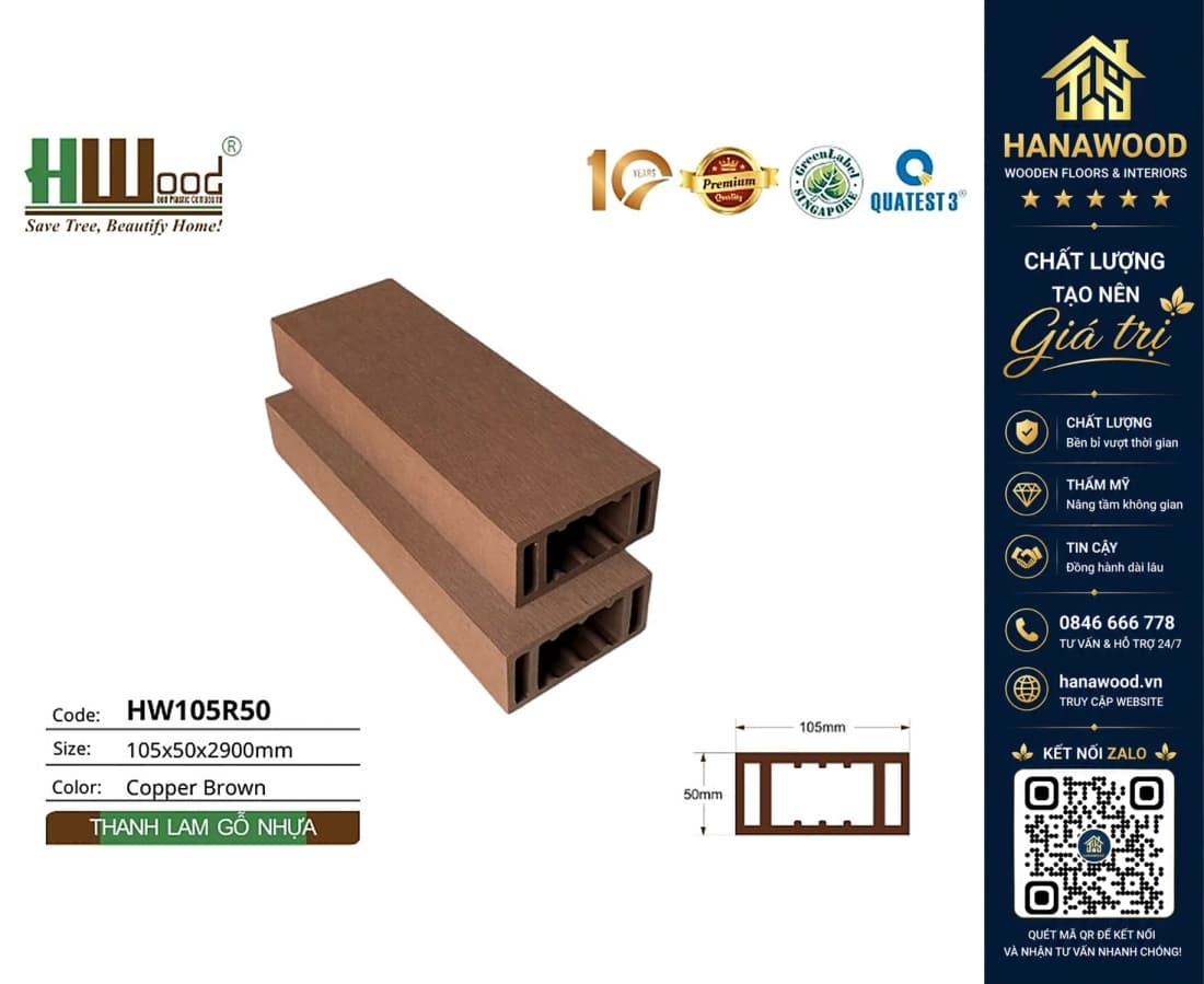 Thanh Lam Hộp Gỗ Nhựa Ngoài Trời Hwood HW105R50 Copper Brown