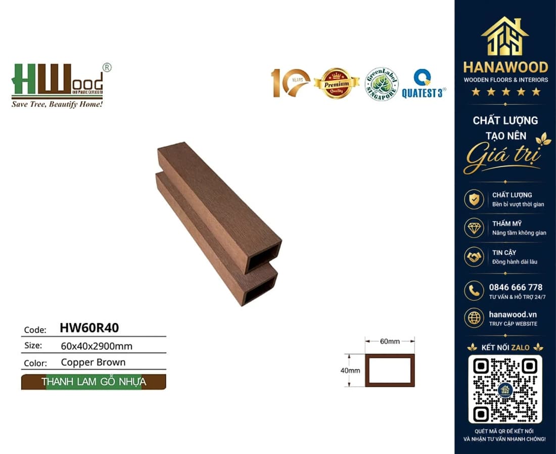 Thanh Lam Hộp Gỗ Nhựa Ngoài Trời Hwood HW60R40 Copper Brown