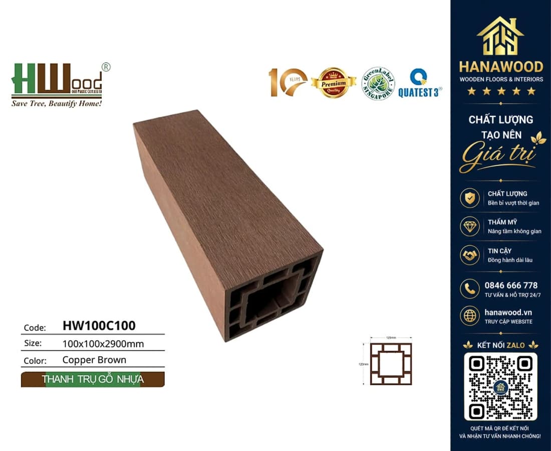 Lam Trụ Pergola Gỗ Nhựa Ngoài Trời Hwood HW100C100 Copper Brown