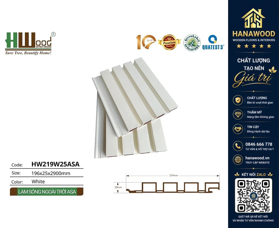 Tấm Lam Sóng Gỗ Nhựa Ngoài Trời ASA Hwood HW219W25ASA White