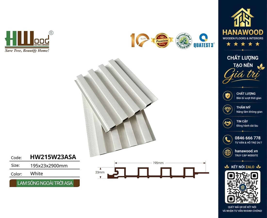 Tấm Lam Sóng Gỗ Nhựa Ngoài Trời ASA Hwood HW215W23ASA White
