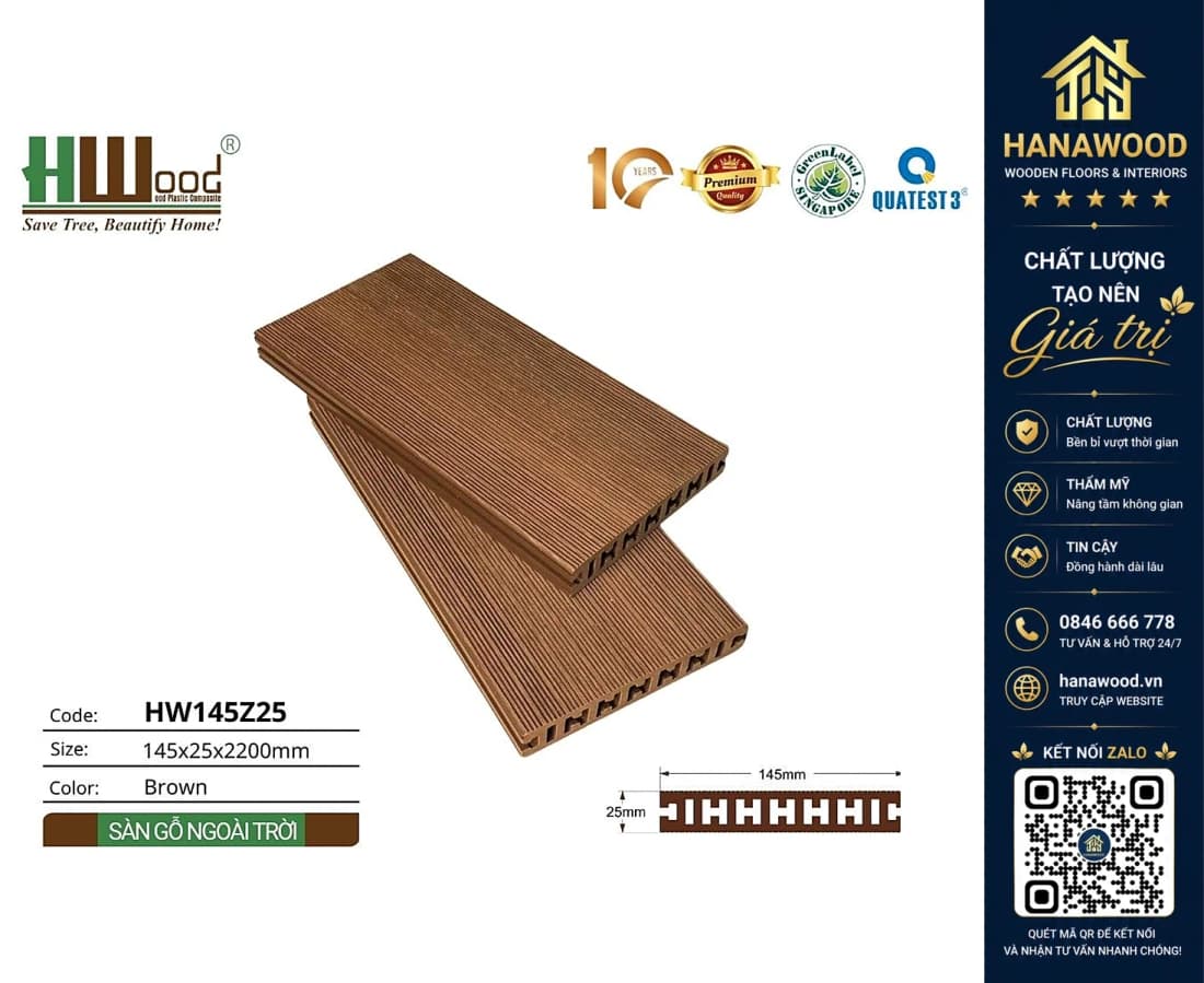 Sàn Hồ Bơi Gỗ Nhựa Ngoài Trời Hwood HW145Z25 Brown