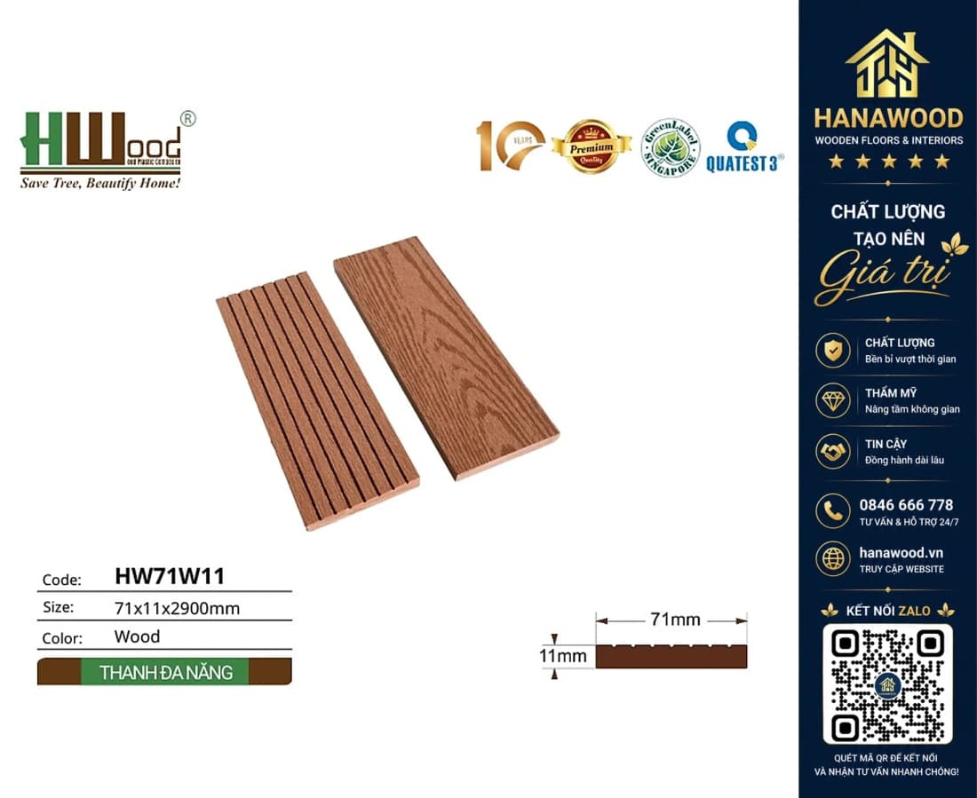 Thanh Lam Đa Năng Gỗ Nhựa Ngoài Trời Hwood HW71W11 Wood