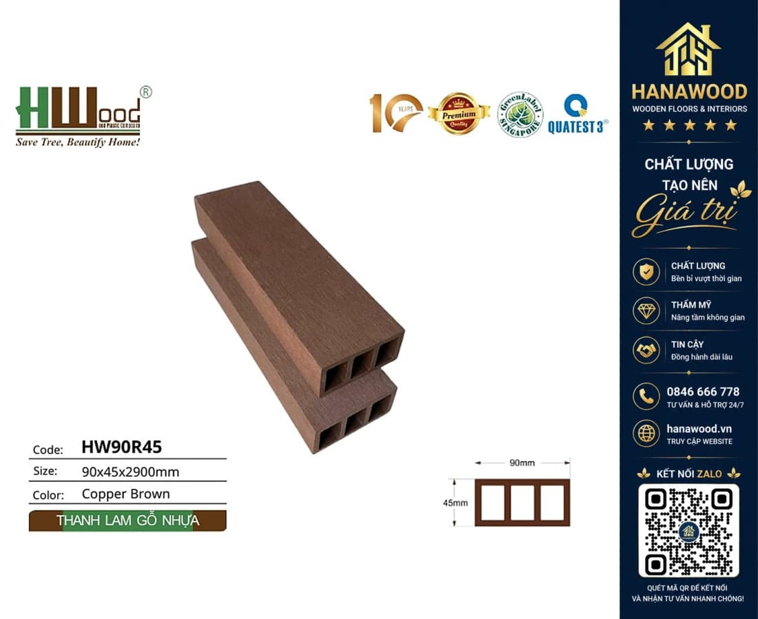 Lam Gỗ Nhựa Trang Trí Ngoài Trời Hwood HW90R45 Copper Brown