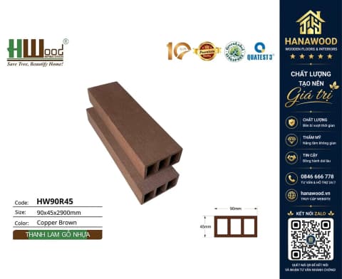 Lam Gỗ Nhựa Trang Trí Ngoài Trời Hwood HW90R45 Copper Brown