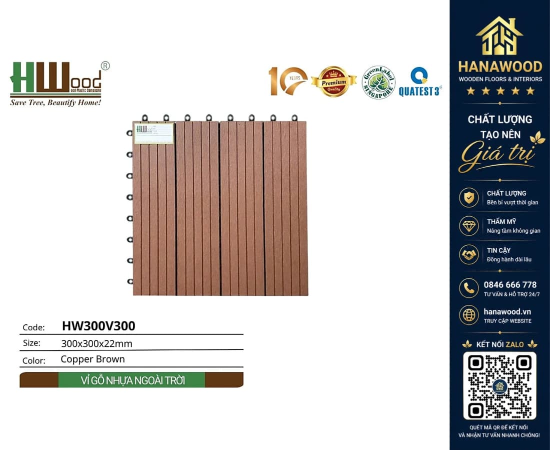 Vỉ Gỗ Nhựa Ngoài Trời Hwood HW300V300 Copper Brown