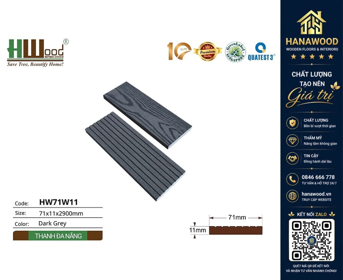Thanh Lam Đa Năng Gỗ Nhựa Ngoài Trời Hwood HW71W11 Dark Grey