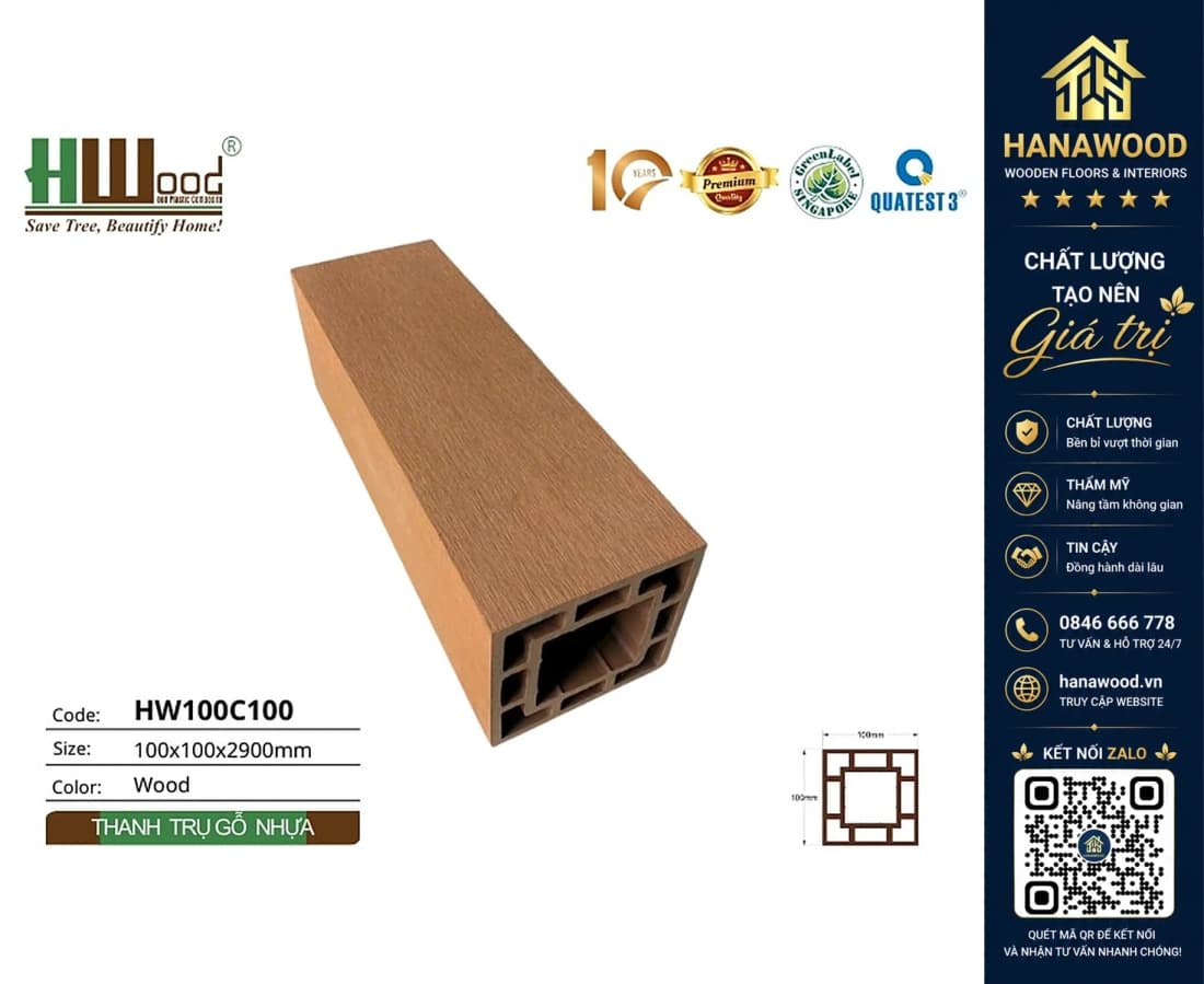 Lam Trụ Pergola Gỗ Nhựa Ngoài Trời Hwood HW100C100 Wood