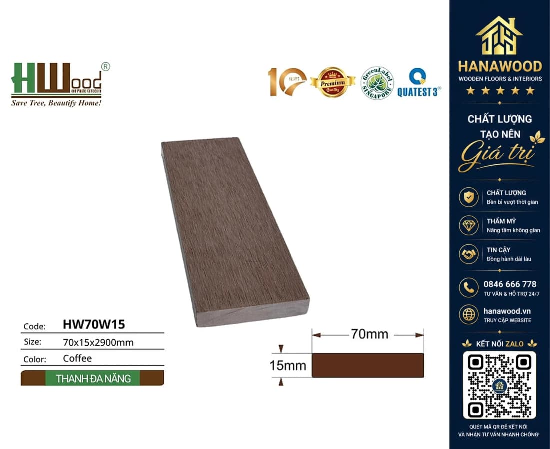Thanh Lam Đa Năng Gỗ Nhựa Ngoài Trời Hwood HW70W15 Coffee