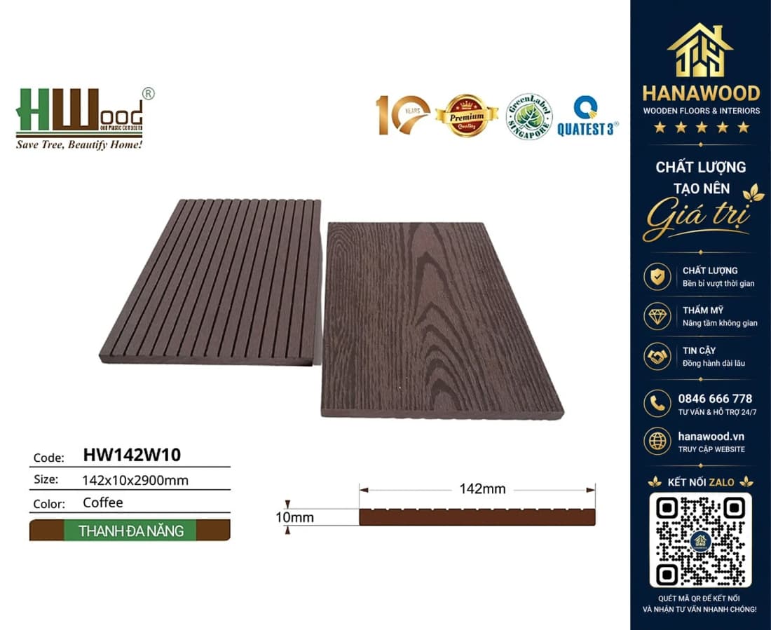 Thanh Lam Đa Năng Gỗ Nhựa Hwood HW142W10 Coffee