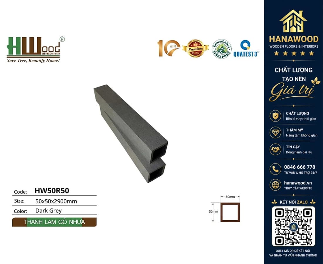 Thanh Lam Hộp Gỗ Nhựa Ngoài Trời Hwood HW50R50 Dark Grey