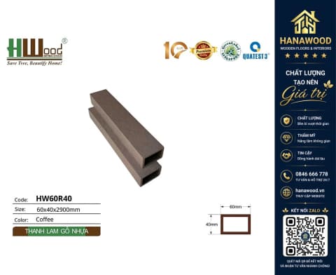 Thanh Lam Gỗ Nhựa Trang Trí Ngoài Trời Hwood HW60R40 Coffee