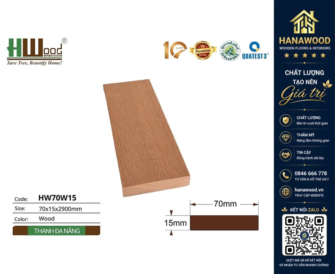 Thanh Lam Đa Năng Gỗ Nhựa Ngoài Trời Hwood HW70W15 Wood