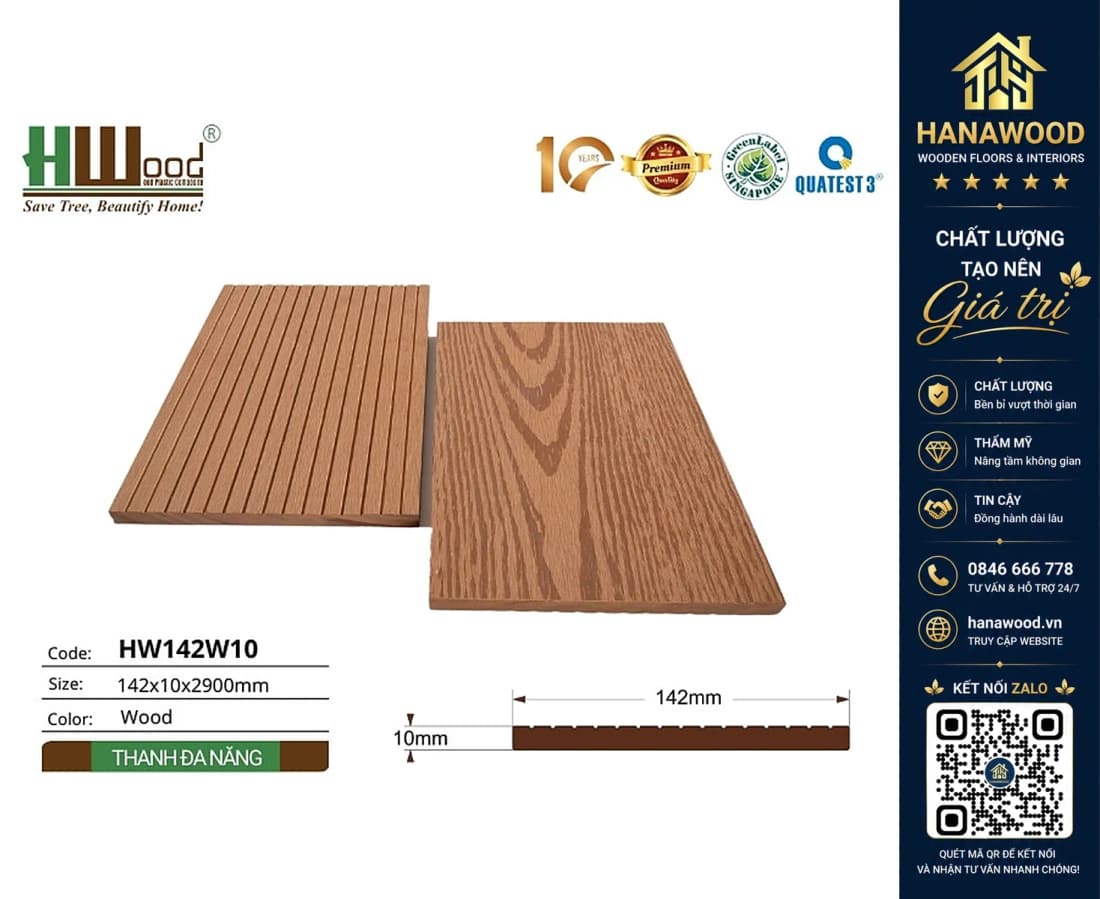Thanh Lam Đa Năng Gỗ Nhựa Ngoài Trời Hwood HW142W10 Wood